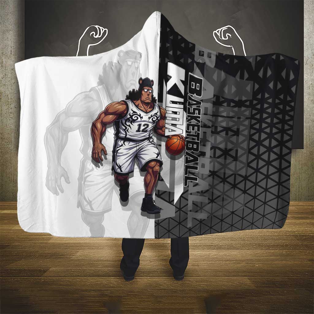 Bartholomew Kuma One Piece Basketball Crossover Design Hooded Blanket with Monochrome Geometric Background and Dynamic Pose - The Mazicc