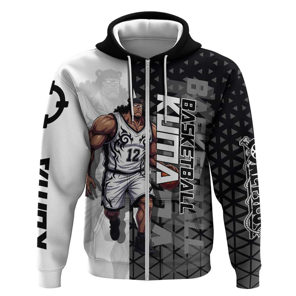 Bartholomew Kuma One Piece Basketball Crossover Design Hoodie with Monochrome Geometric Background and Dynamic Pose - The Mazicc