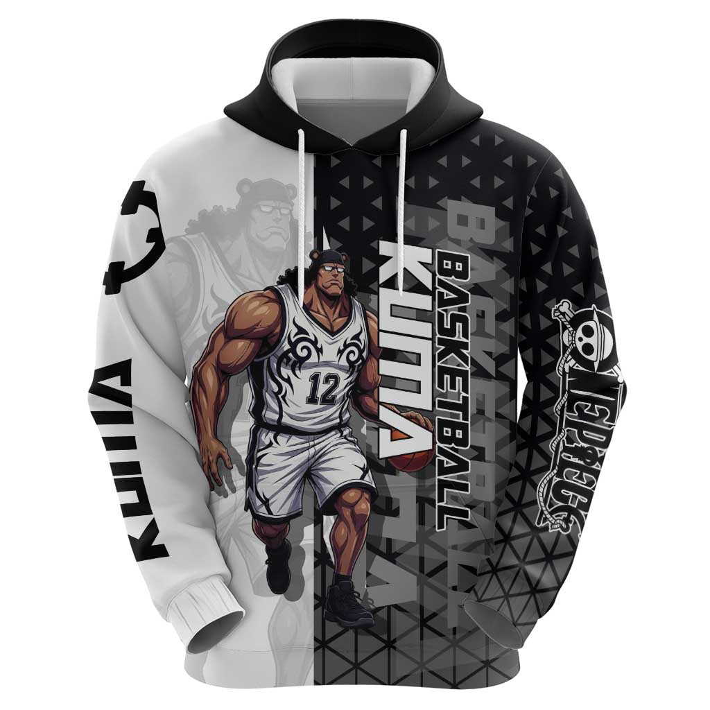 Bartholomew Kuma One Piece Basketball Crossover Design Hoodie with Monochrome Geometric Background and Dynamic Pose - The Mazicc