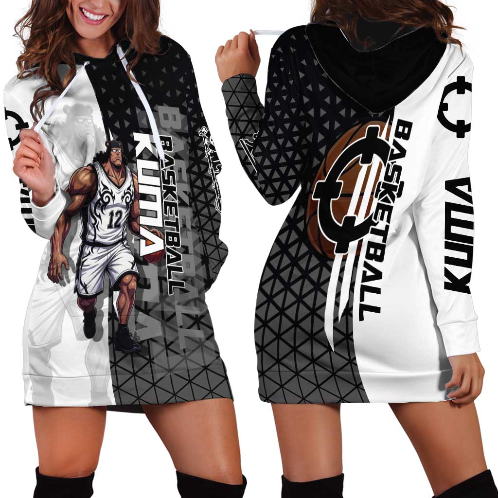 Bartholomew Kuma One Piece Basketball Crossover Design Hoodie Dress with Monochrome Geometric Background and Dynamic Pose - The Mazicc
