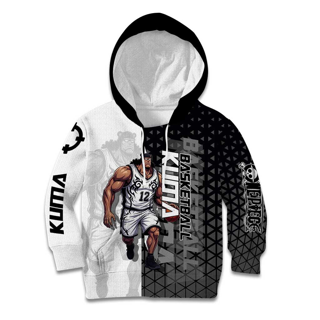 Bartholomew Kuma One Piece Basketball Crossover Design Kid Hoodie with Monochrome Geometric Background and Dynamic Pose - The Mazicc