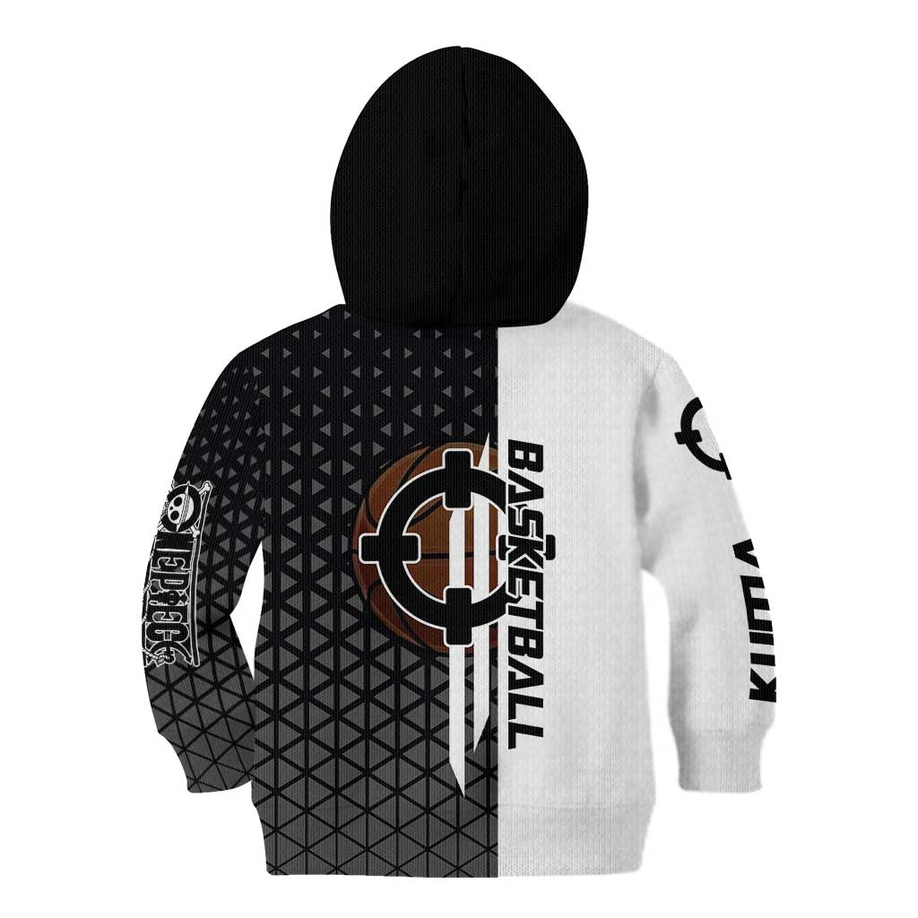 Bartholomew Kuma One Piece Basketball Crossover Design Kid Hoodie with Monochrome Geometric Background and Dynamic Pose - The Mazicc