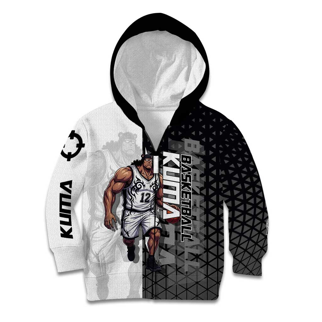 Bartholomew Kuma One Piece Basketball Crossover Design Kid Hoodie with Monochrome Geometric Background and Dynamic Pose - The Mazicc