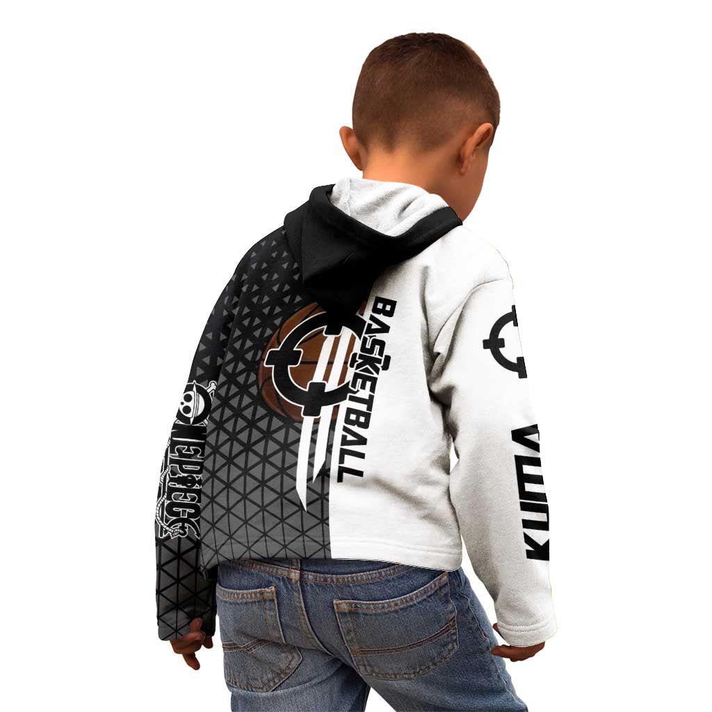 Bartholomew Kuma One Piece Basketball Crossover Design Kid Hoodie with Monochrome Geometric Background and Dynamic Pose - The Mazicc