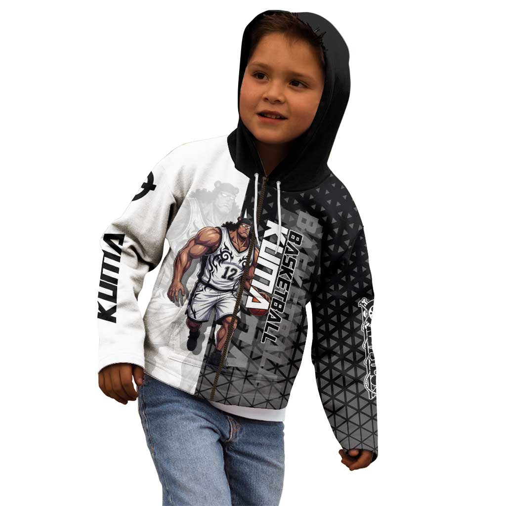Bartholomew Kuma One Piece Basketball Crossover Design Kid Hoodie with Monochrome Geometric Background and Dynamic Pose - The Mazicc