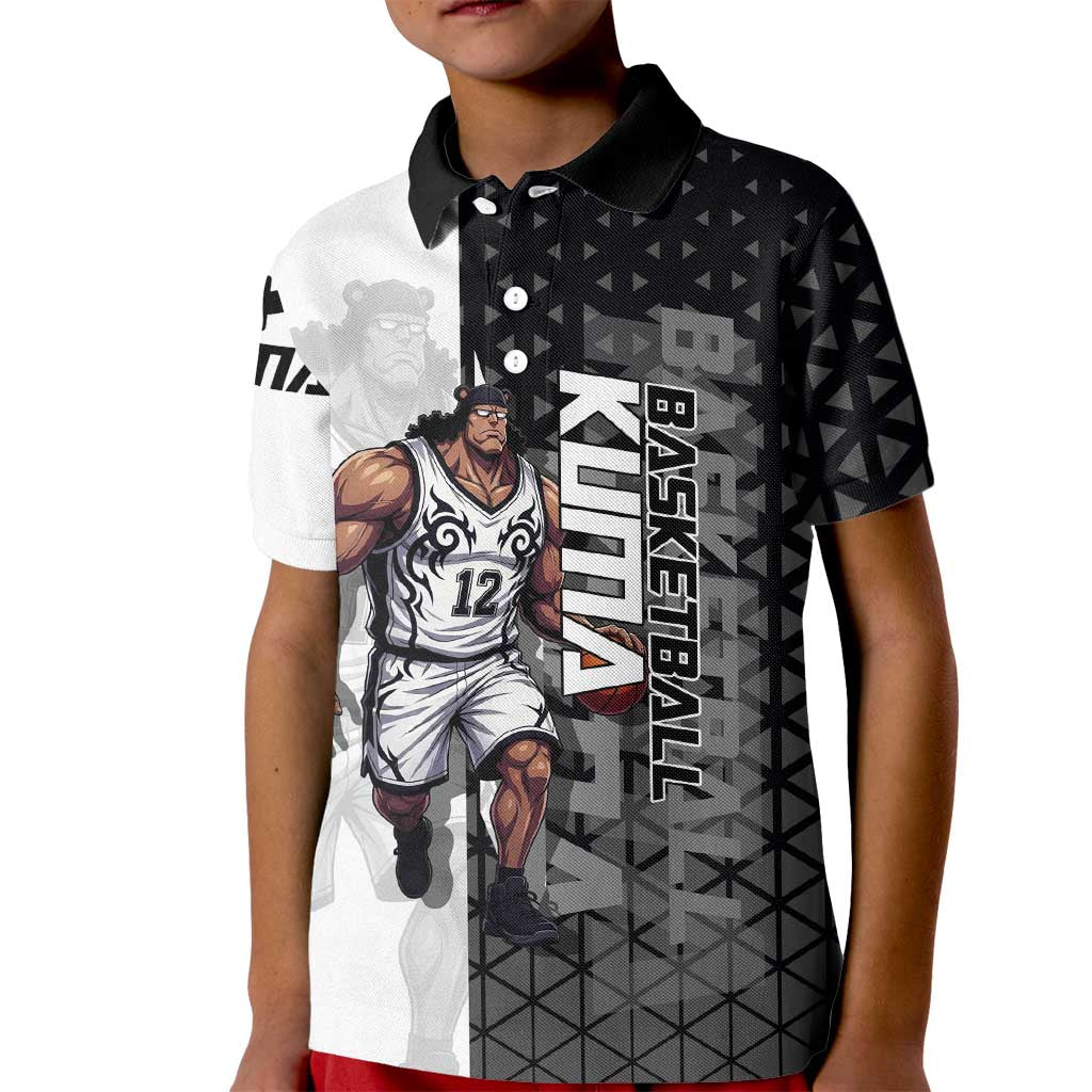 Bartholomew Kuma One Piece Basketball Crossover Design Kid Polo Shirt with Monochrome Geometric Background and Dynamic Pose - The Mazicc