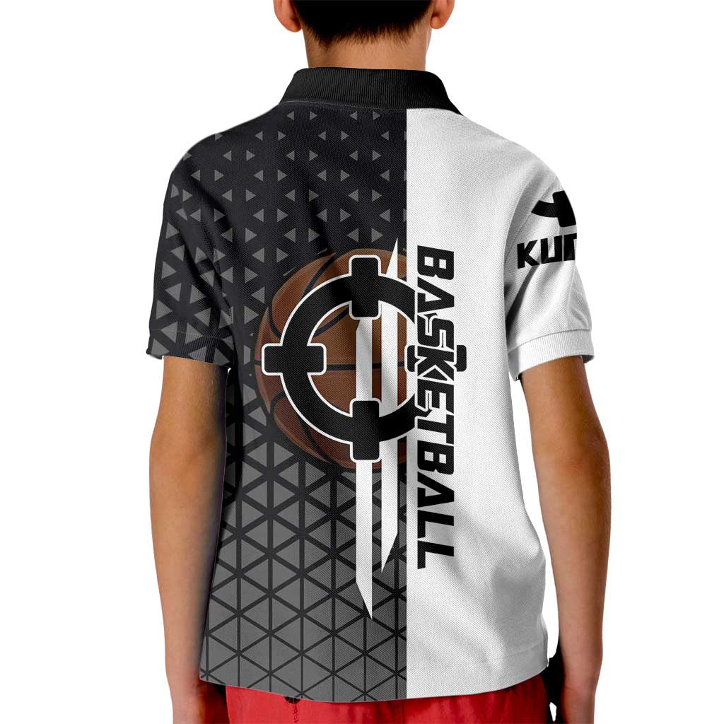 Bartholomew Kuma One Piece Basketball Crossover Design Kid Polo Shirt with Monochrome Geometric Background and Dynamic Pose - The Mazicc