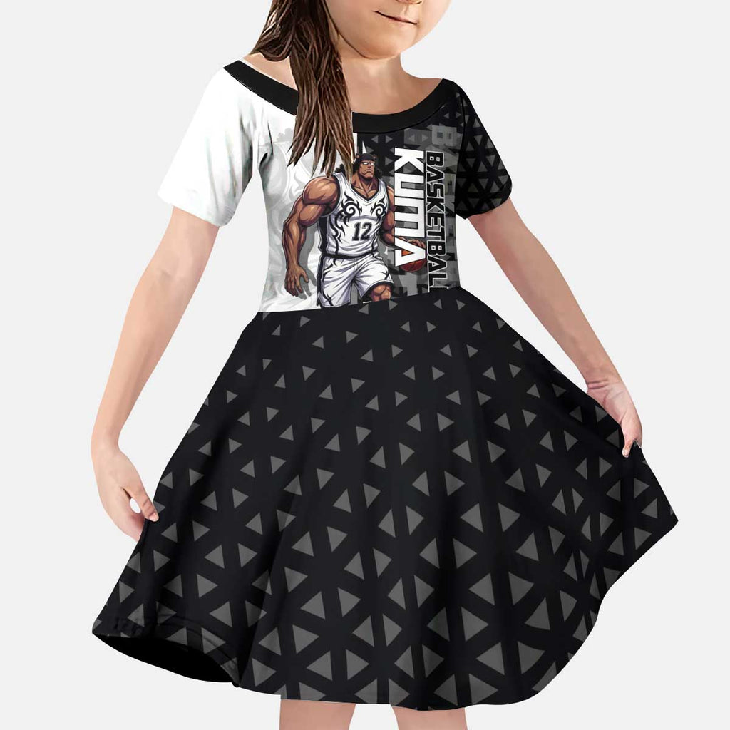 Bartholomew Kuma One Piece Basketball Crossover Design Kid Short Sleeve Dress with Monochrome Geometric Background and Dynamic Pose - The Mazicc