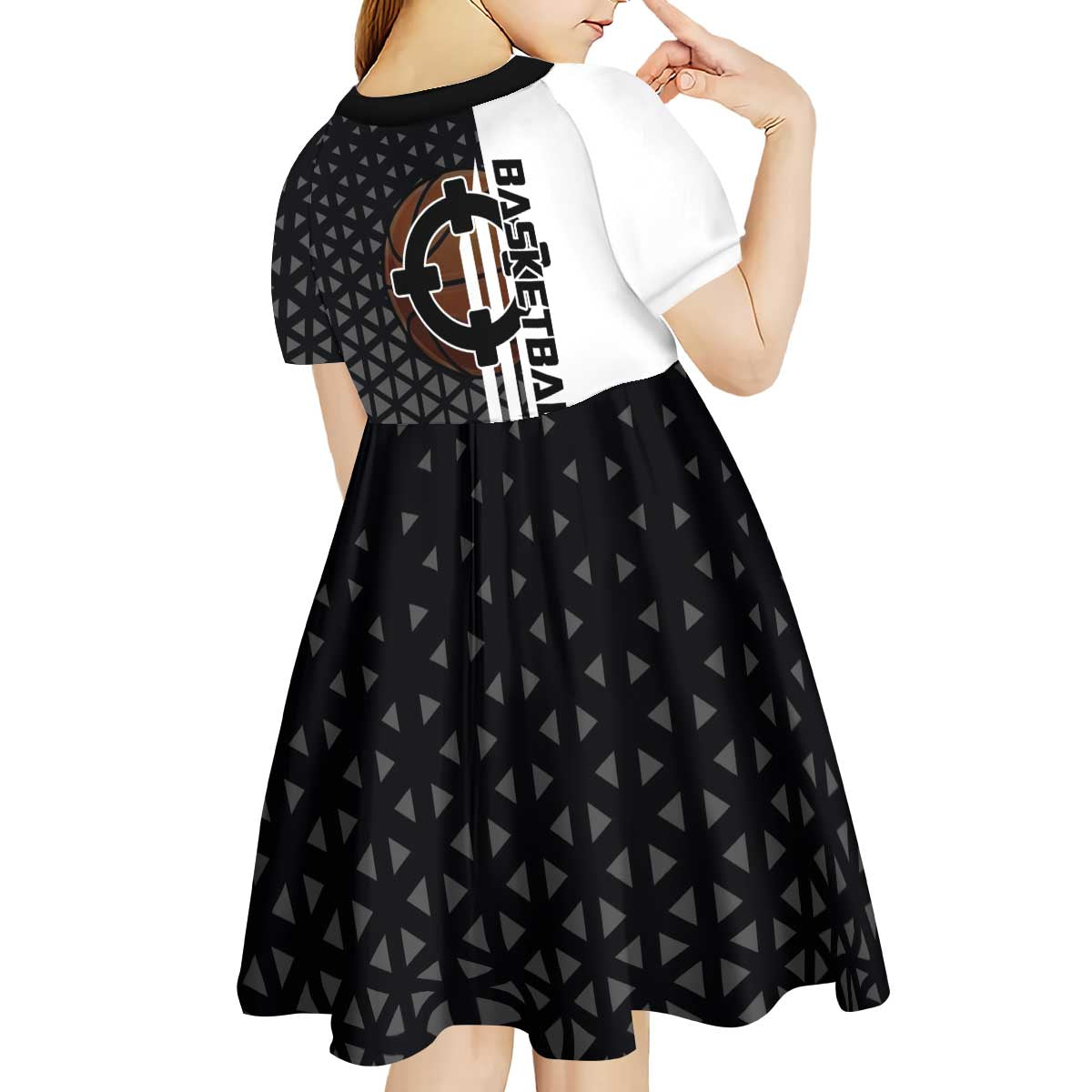 Bartholomew Kuma One Piece Basketball Crossover Design Kid Short Sleeve Dress with Monochrome Geometric Background and Dynamic Pose - The Mazicc