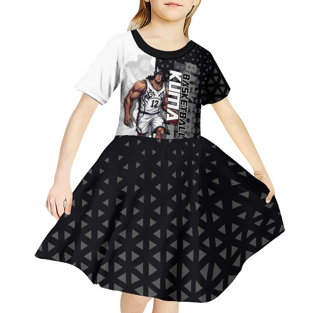 Bartholomew Kuma One Piece Basketball Crossover Design Kid Short Sleeve Dress with Monochrome Geometric Background and Dynamic Pose - The Mazicc