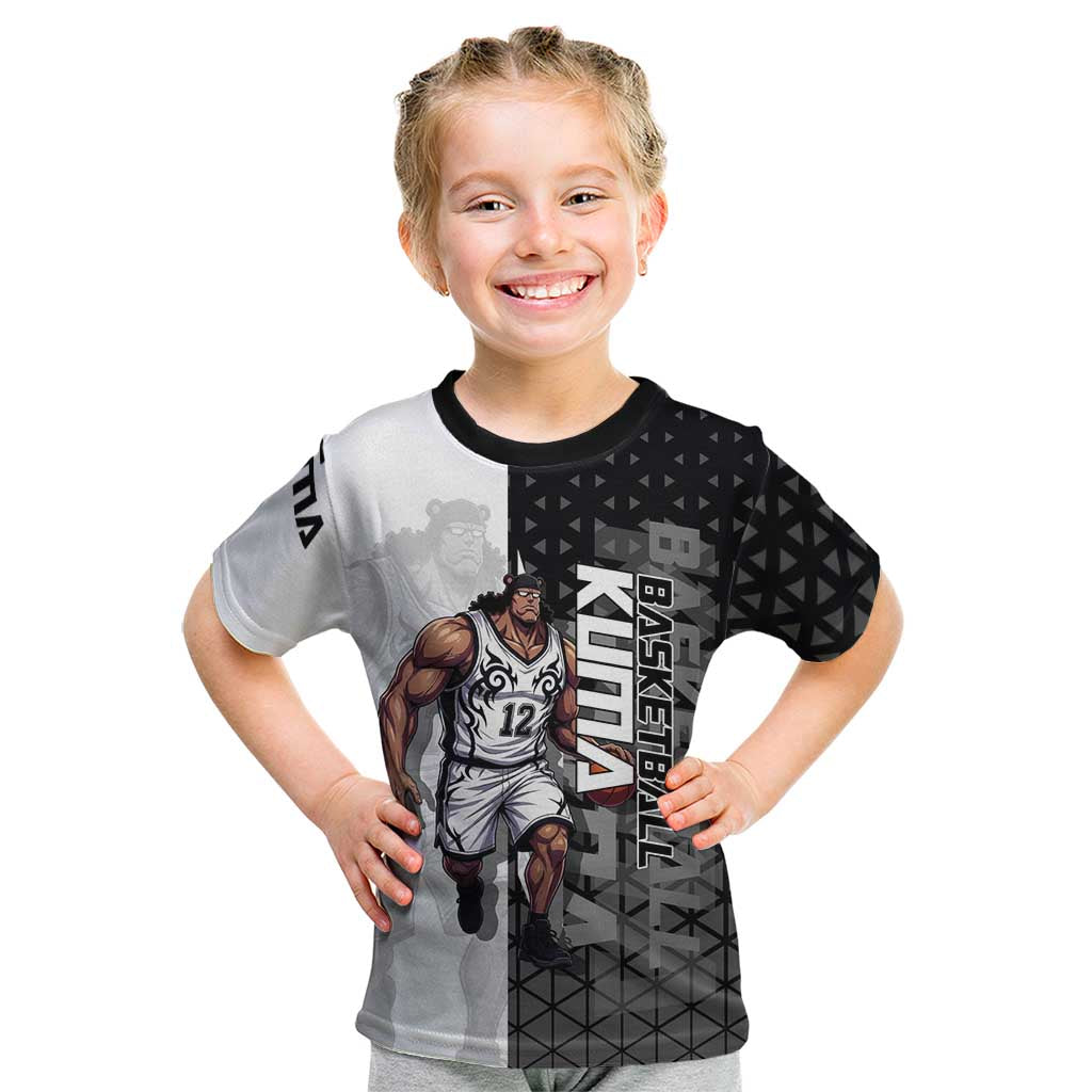 Bartholomew Kuma One Piece Basketball Crossover Design Kid T Shirt with Monochrome Geometric Background and Dynamic Pose - The Mazicc