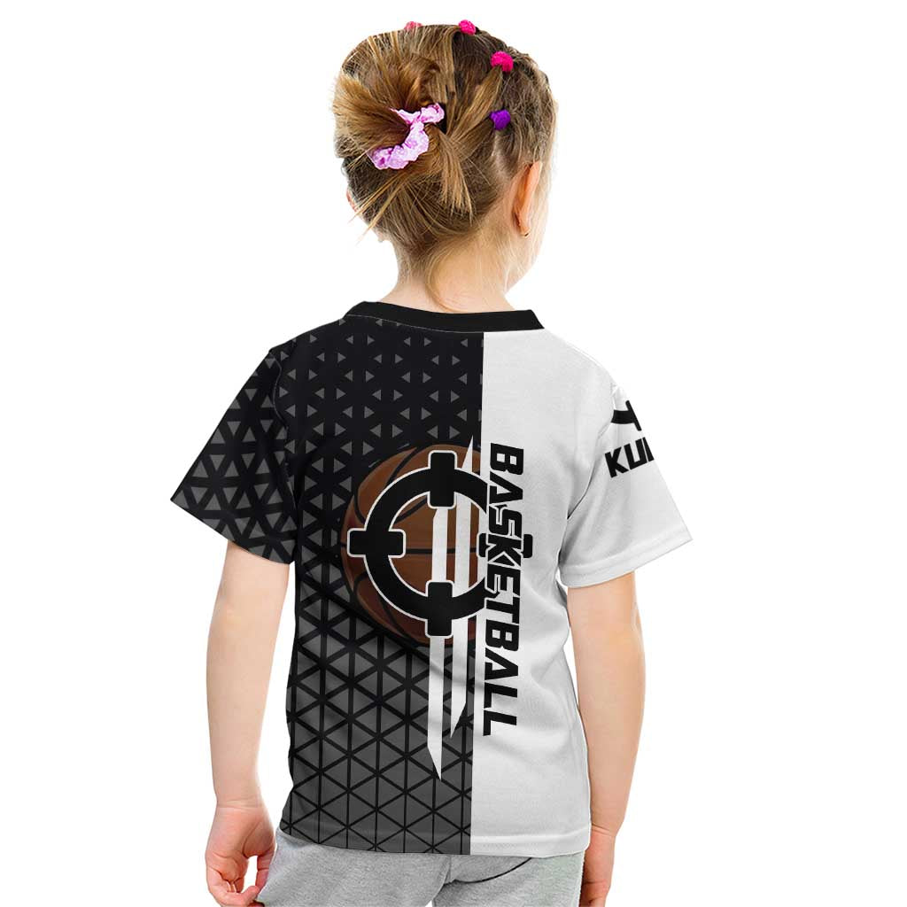 Bartholomew Kuma One Piece Basketball Crossover Design Kid T Shirt with Monochrome Geometric Background and Dynamic Pose - The Mazicc
