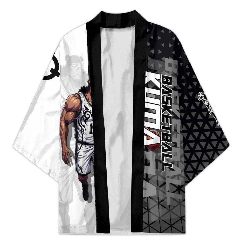 Bartholomew Kuma One Piece Basketball Crossover Design Kimono with Monochrome Geometric Background and Dynamic Pose - The Mazicc