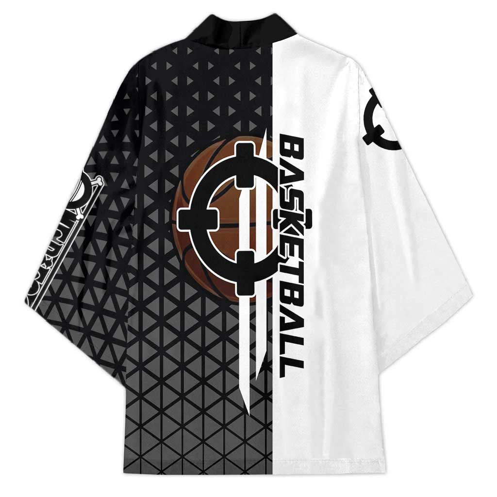 Bartholomew Kuma One Piece Basketball Crossover Design Kimono with Monochrome Geometric Background and Dynamic Pose - The Mazicc