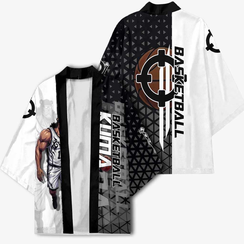 Bartholomew Kuma One Piece Basketball Crossover Design Kimono with Monochrome Geometric Background and Dynamic Pose - The Mazicc
