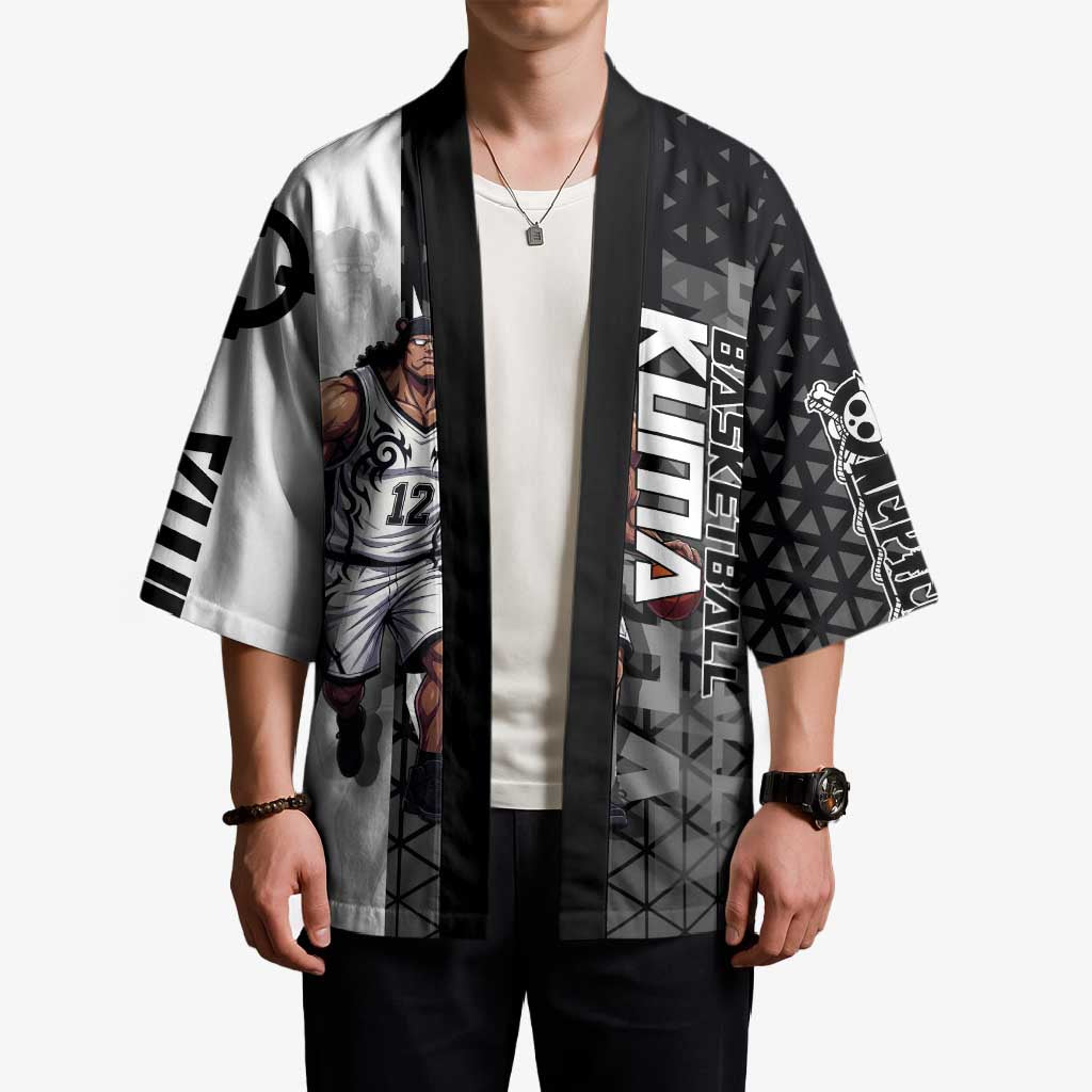 Bartholomew Kuma One Piece Basketball Crossover Design Kimono with Monochrome Geometric Background and Dynamic Pose - The Mazicc