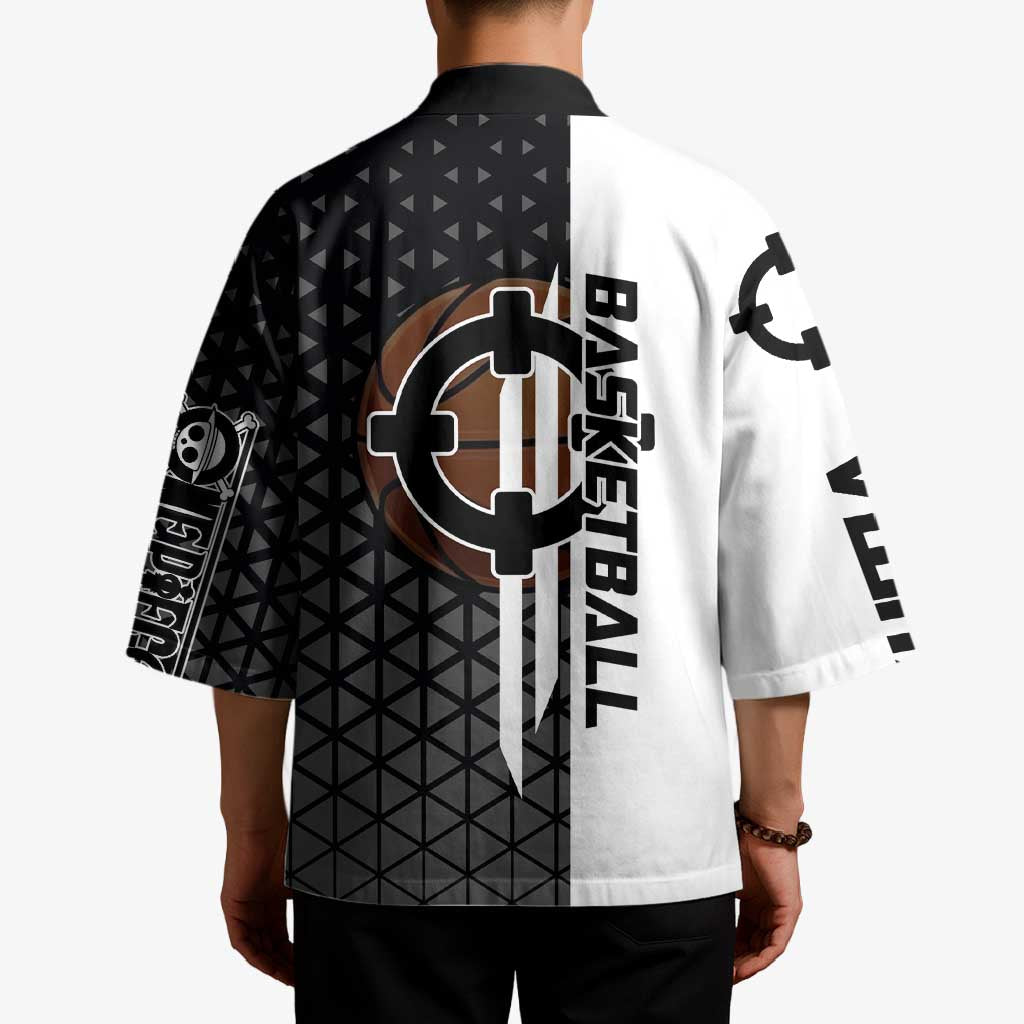 Bartholomew Kuma One Piece Basketball Crossover Design Kimono with Monochrome Geometric Background and Dynamic Pose - The Mazicc