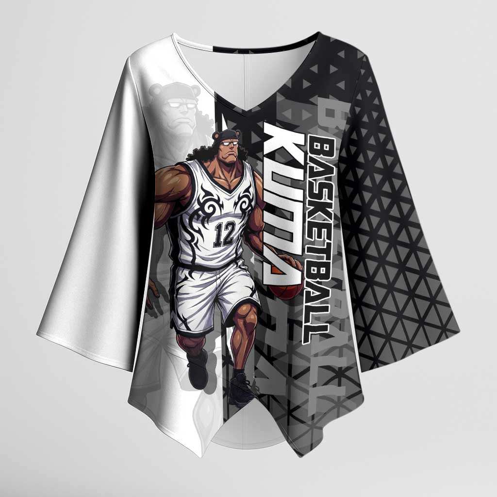 Bartholomew Kuma One Piece Basketball Crossover Design Kimono Sleeve Blouse with Monochrome Geometric Background and Dynamic Pose - The Mazicc