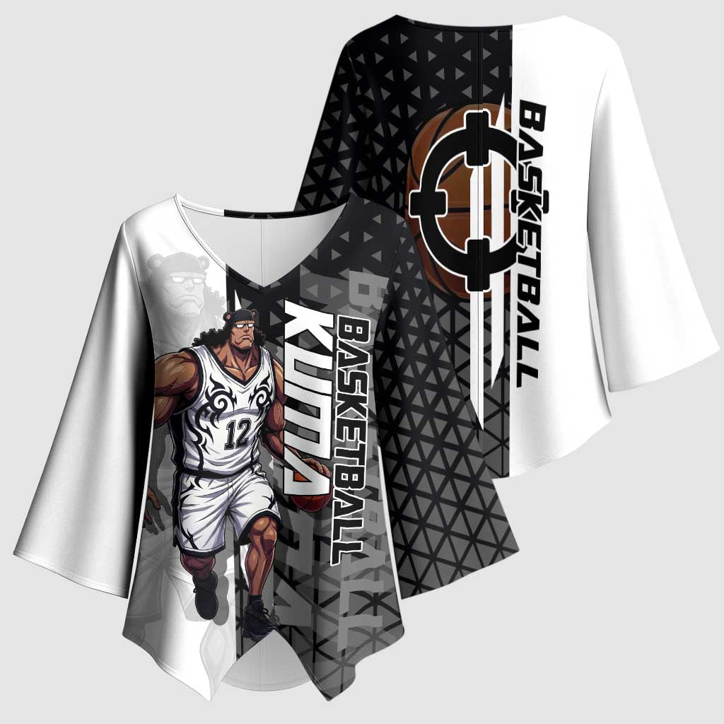 Bartholomew Kuma One Piece Basketball Crossover Design Kimono Sleeve Blouse with Monochrome Geometric Background and Dynamic Pose - The Mazicc
