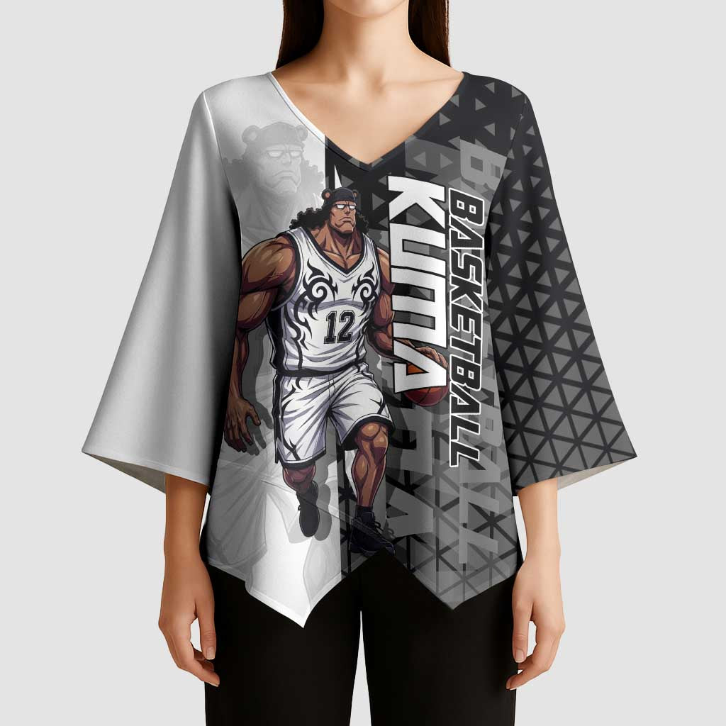 Bartholomew Kuma One Piece Basketball Crossover Design Kimono Sleeve Blouse with Monochrome Geometric Background and Dynamic Pose - The Mazicc