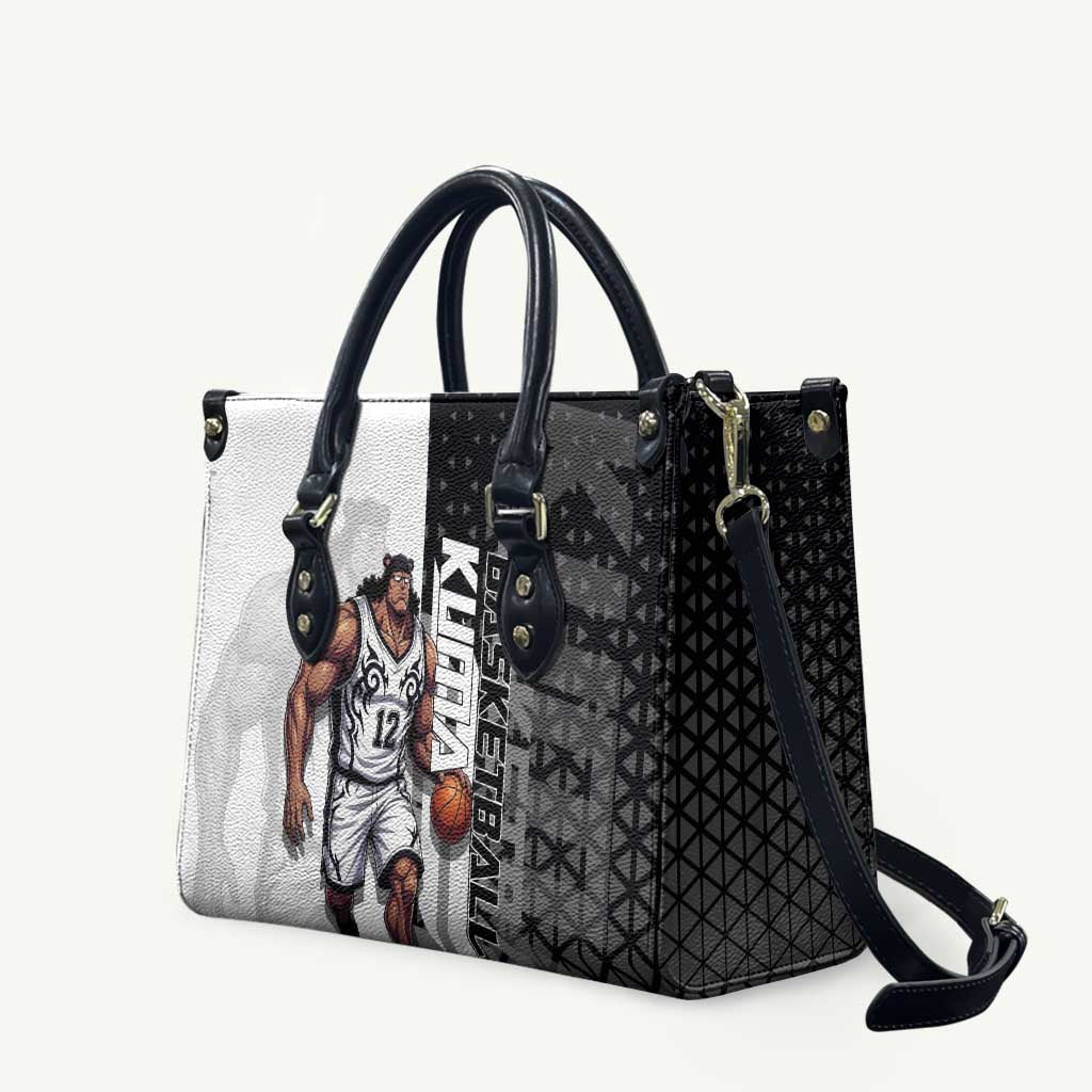 Bartholomew Kuma One Piece Basketball Crossover Design Leather Bag with Monochrome Geometric Background and Dynamic Pose - The Mazicc
