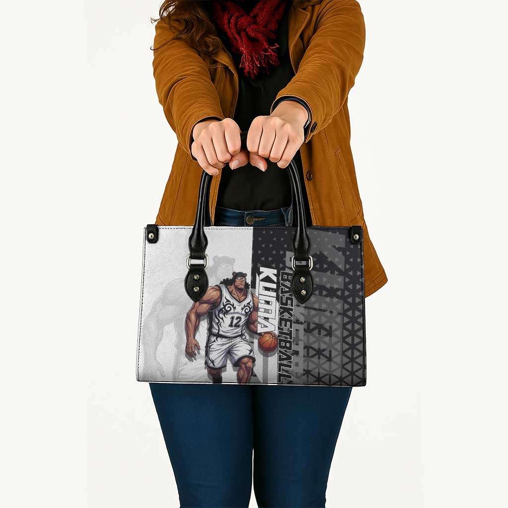Bartholomew Kuma One Piece Basketball Crossover Design Leather Bag with Monochrome Geometric Background and Dynamic Pose - The Mazicc