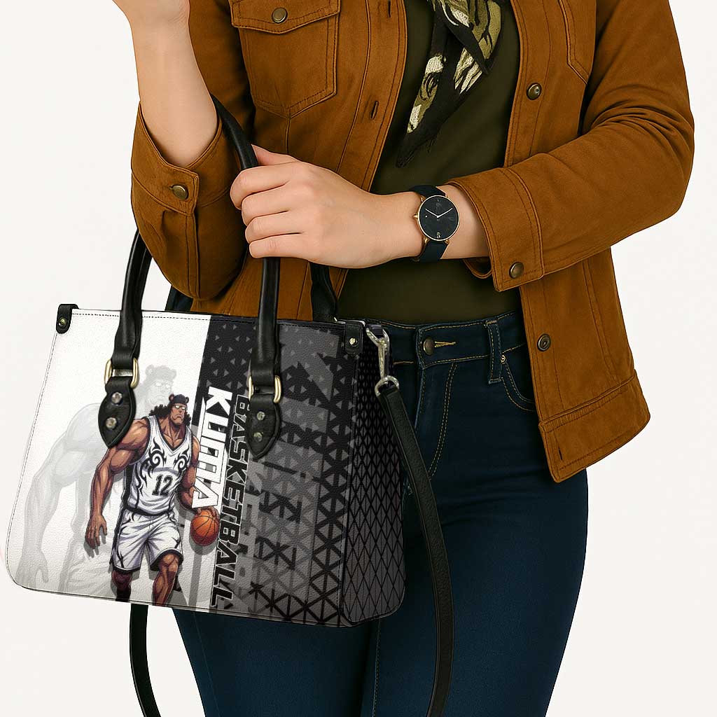Bartholomew Kuma One Piece Basketball Crossover Design Leather Bag with Monochrome Geometric Background and Dynamic Pose - The Mazicc