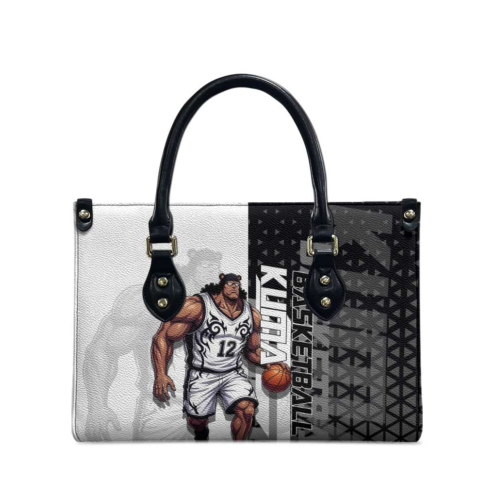 Bartholomew Kuma One Piece Basketball Crossover Design Leather Bag with Monochrome Geometric Background and Dynamic Pose - The Mazicc