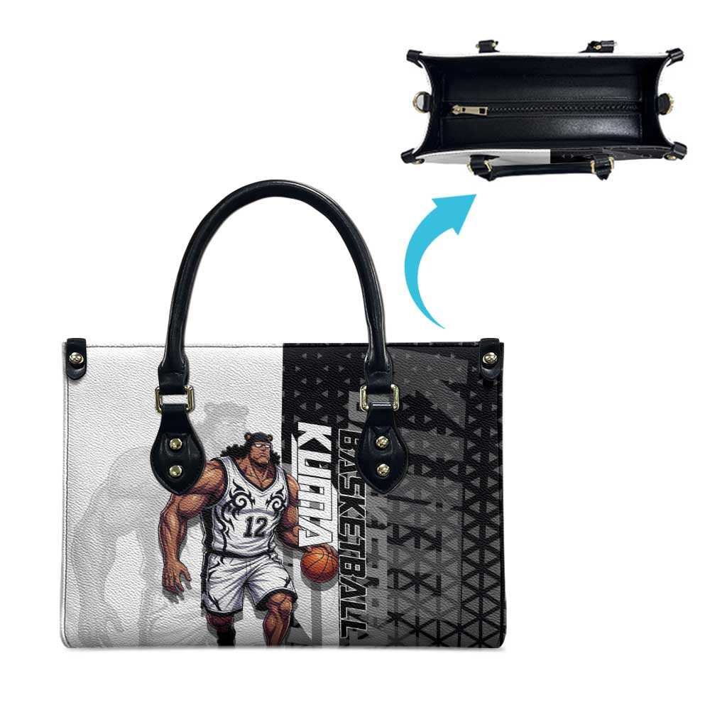 Bartholomew Kuma One Piece Basketball Crossover Design Leather Bag with Monochrome Geometric Background and Dynamic Pose - The Mazicc