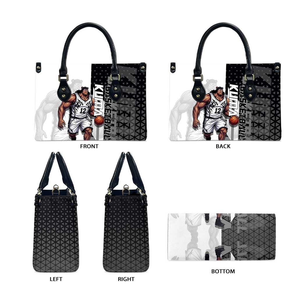 Bartholomew Kuma One Piece Basketball Crossover Design Leather Bag with Monochrome Geometric Background and Dynamic Pose - The Mazicc