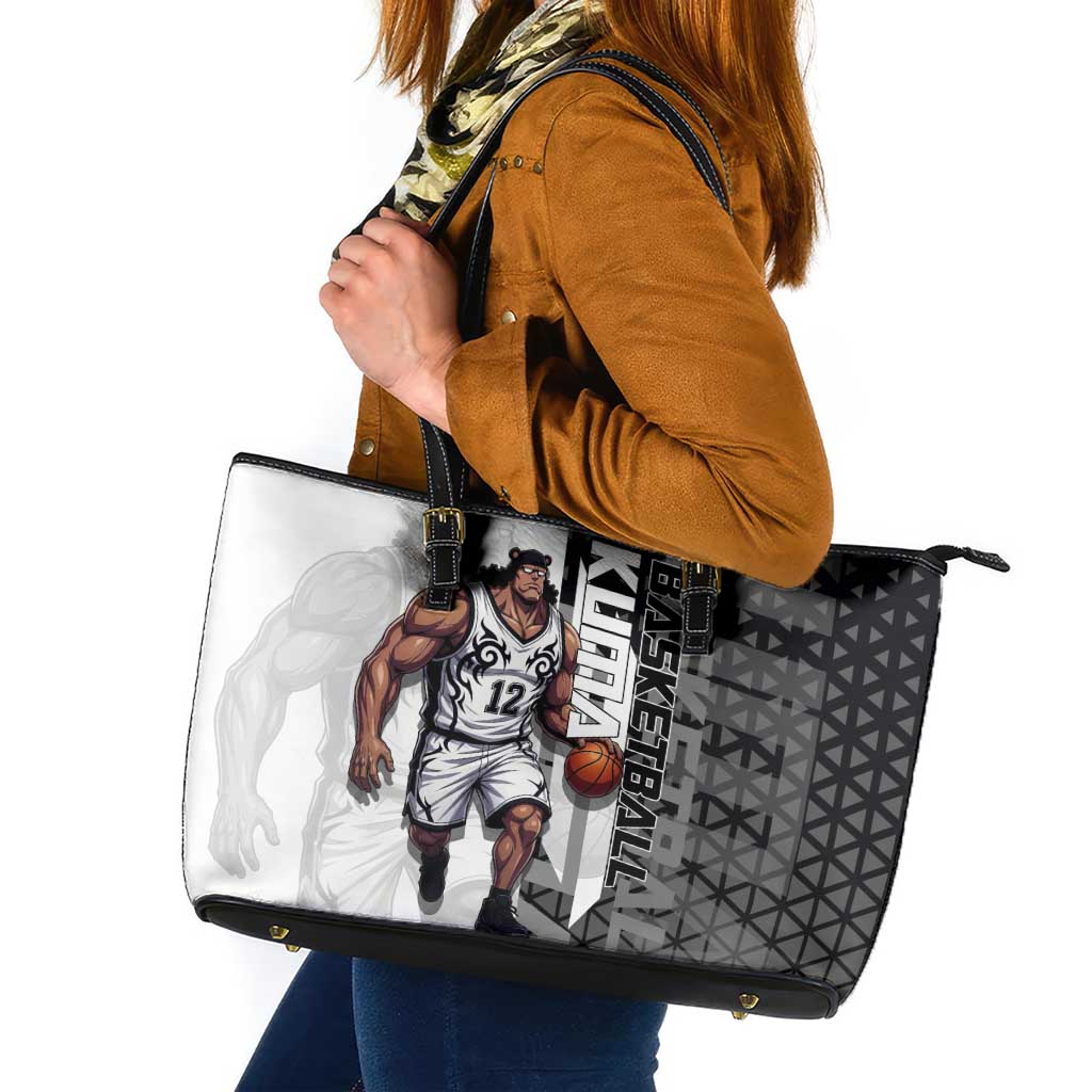 Bartholomew Kuma One Piece Basketball Crossover Design Leather Tote Bag with Monochrome Geometric Background and Dynamic Pose - The Mazicc