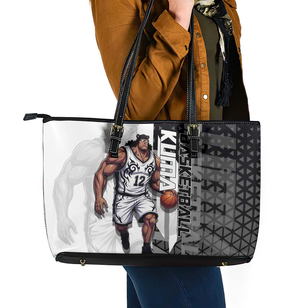 Bartholomew Kuma One Piece Basketball Crossover Design Leather Tote Bag with Monochrome Geometric Background and Dynamic Pose - The Mazicc