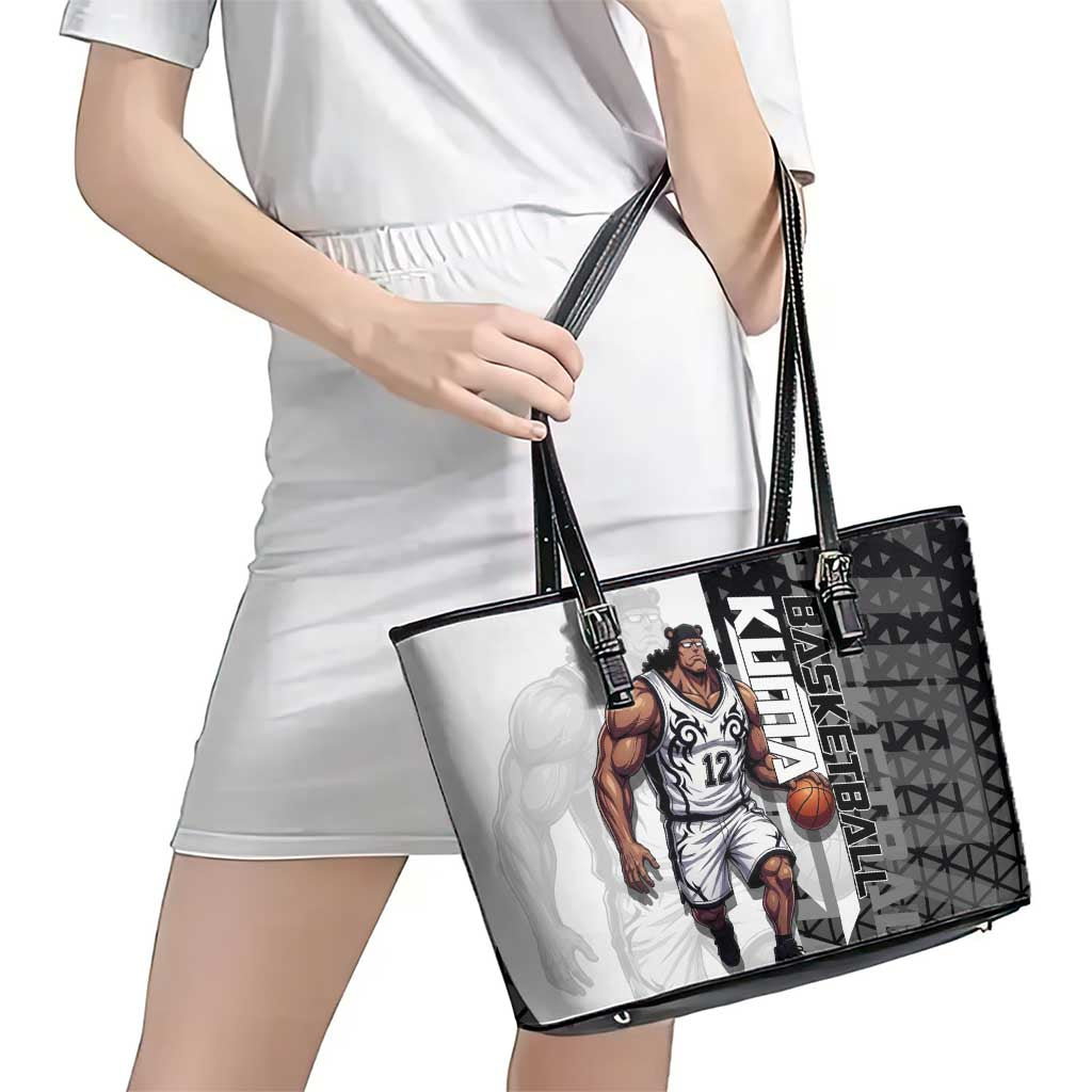 Bartholomew Kuma One Piece Basketball Crossover Design Leather Tote Bag with Monochrome Geometric Background and Dynamic Pose - The Mazicc