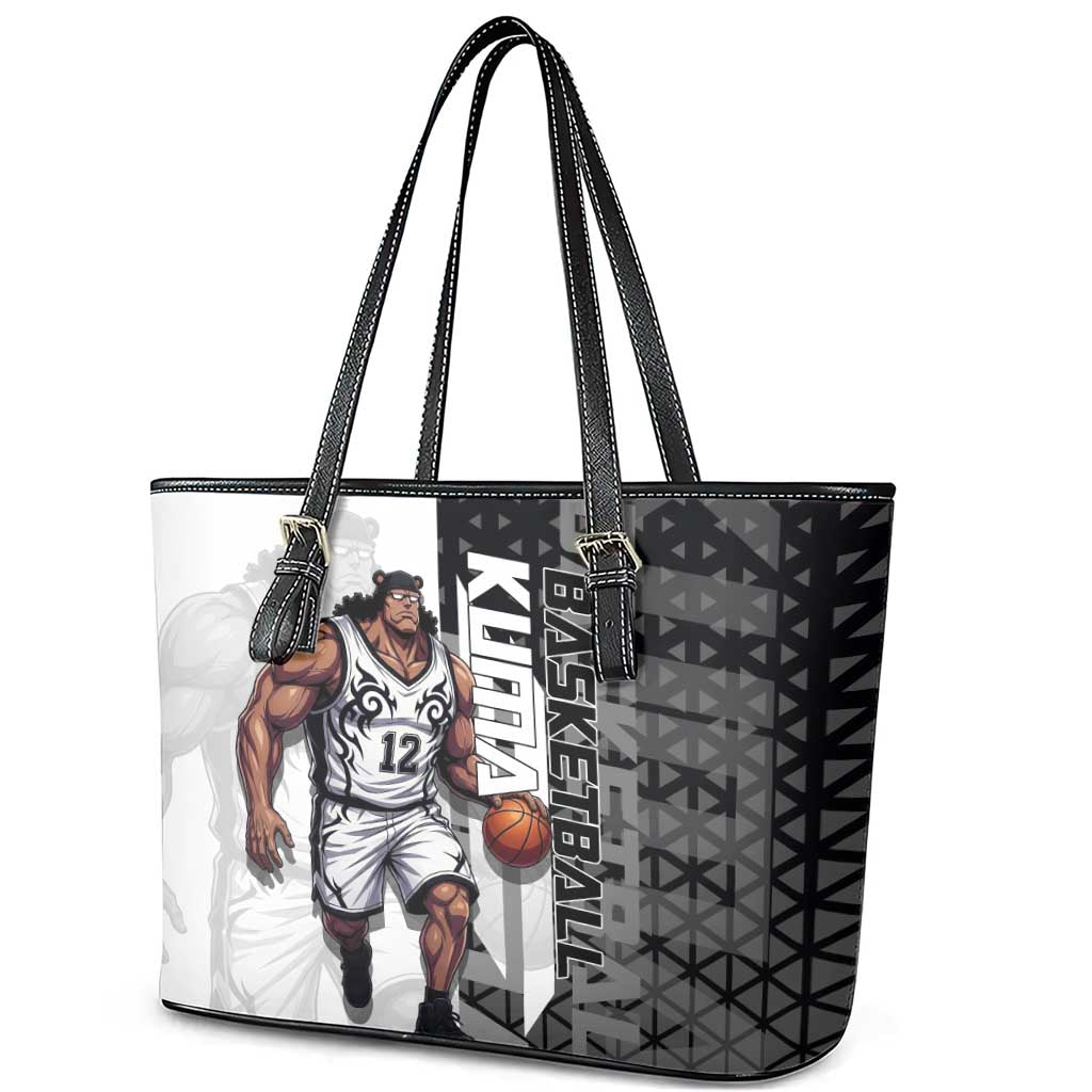 Bartholomew Kuma One Piece Basketball Crossover Design Leather Tote Bag with Monochrome Geometric Background and Dynamic Pose - The Mazicc