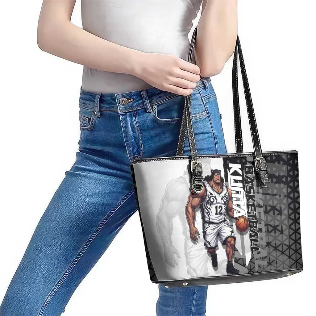 Bartholomew Kuma One Piece Basketball Crossover Design Leather Tote Bag with Monochrome Geometric Background and Dynamic Pose - The Mazicc