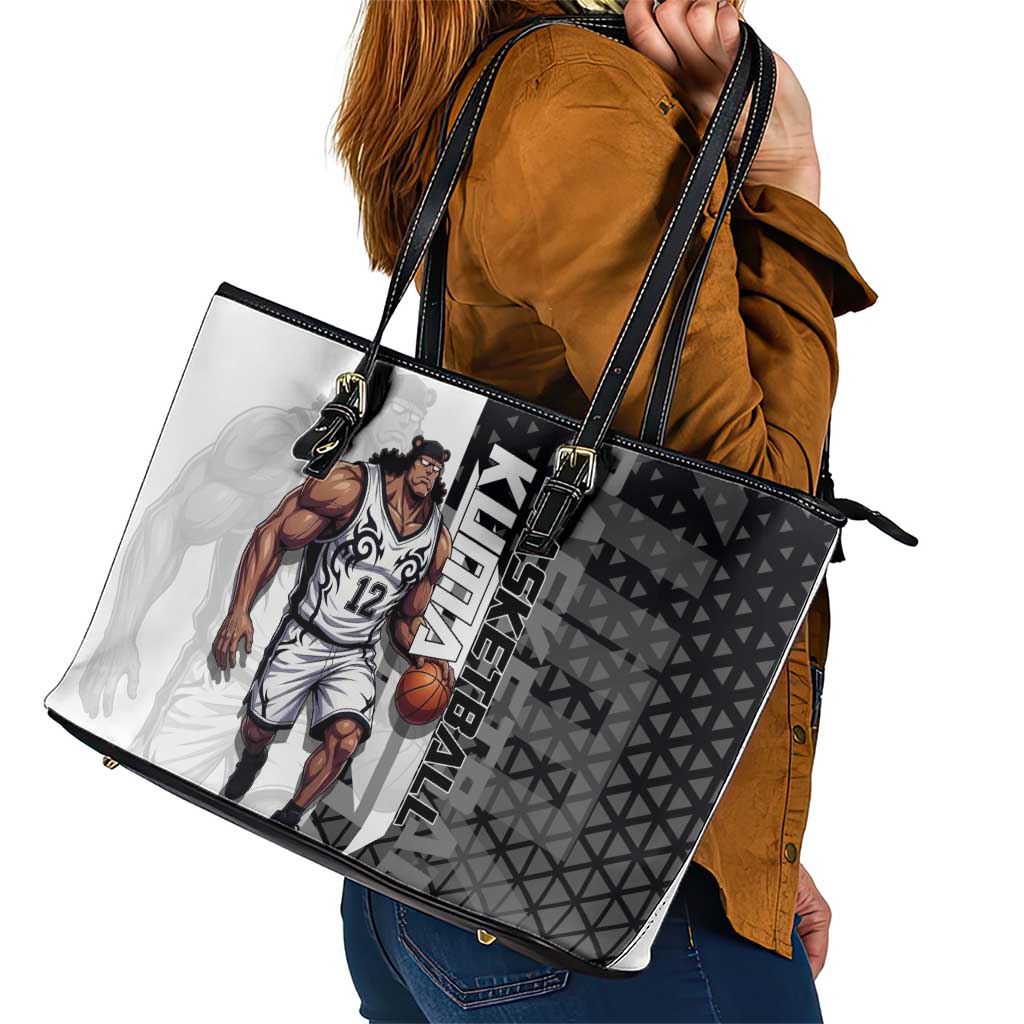 Bartholomew Kuma One Piece Basketball Crossover Design Leather Tote Bag with Monochrome Geometric Background and Dynamic Pose - The Mazicc