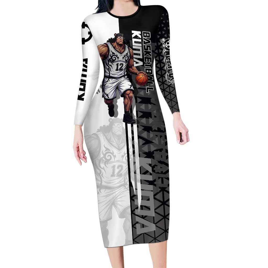 Bartholomew Kuma One Piece Basketball Crossover Design Long Sleeve Bodycon Dress with Monochrome Geometric Background and Dynamic Pose - The Mazicc