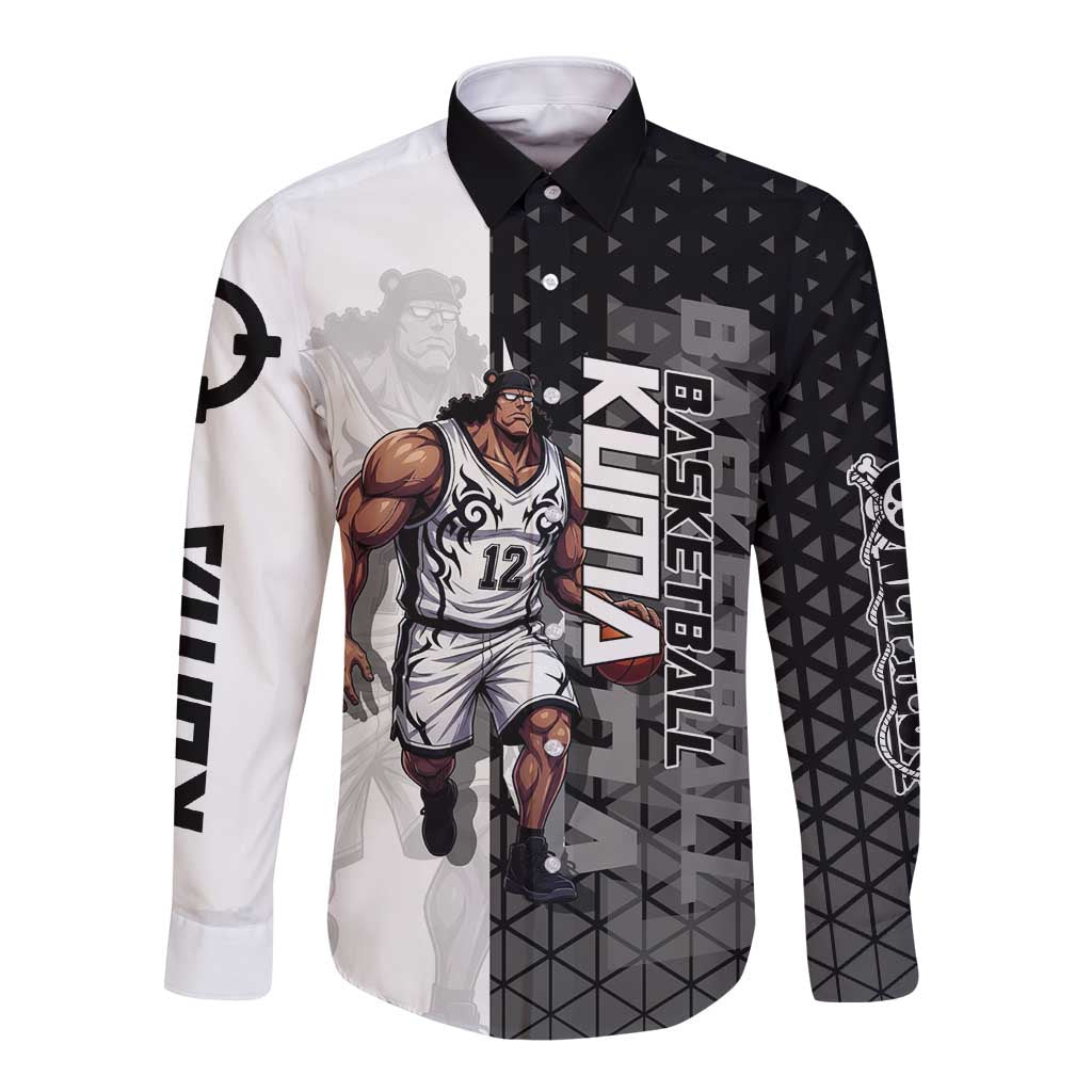 Bartholomew Kuma One Piece Basketball Crossover Design Long Sleeve Button Shirt with Monochrome Geometric Background and Dynamic Pose - The Mazicc