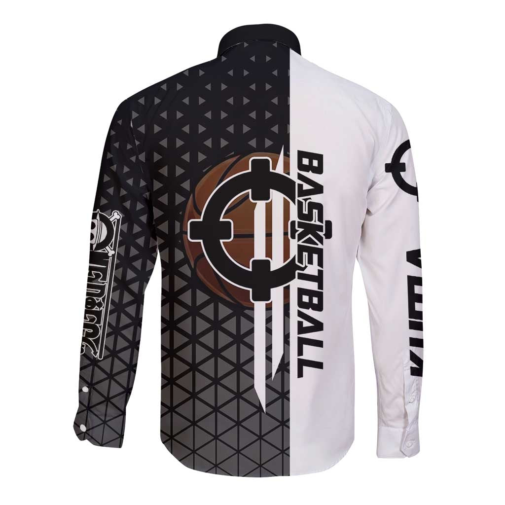 Bartholomew Kuma One Piece Basketball Crossover Design Long Sleeve Button Shirt with Monochrome Geometric Background and Dynamic Pose - The Mazicc