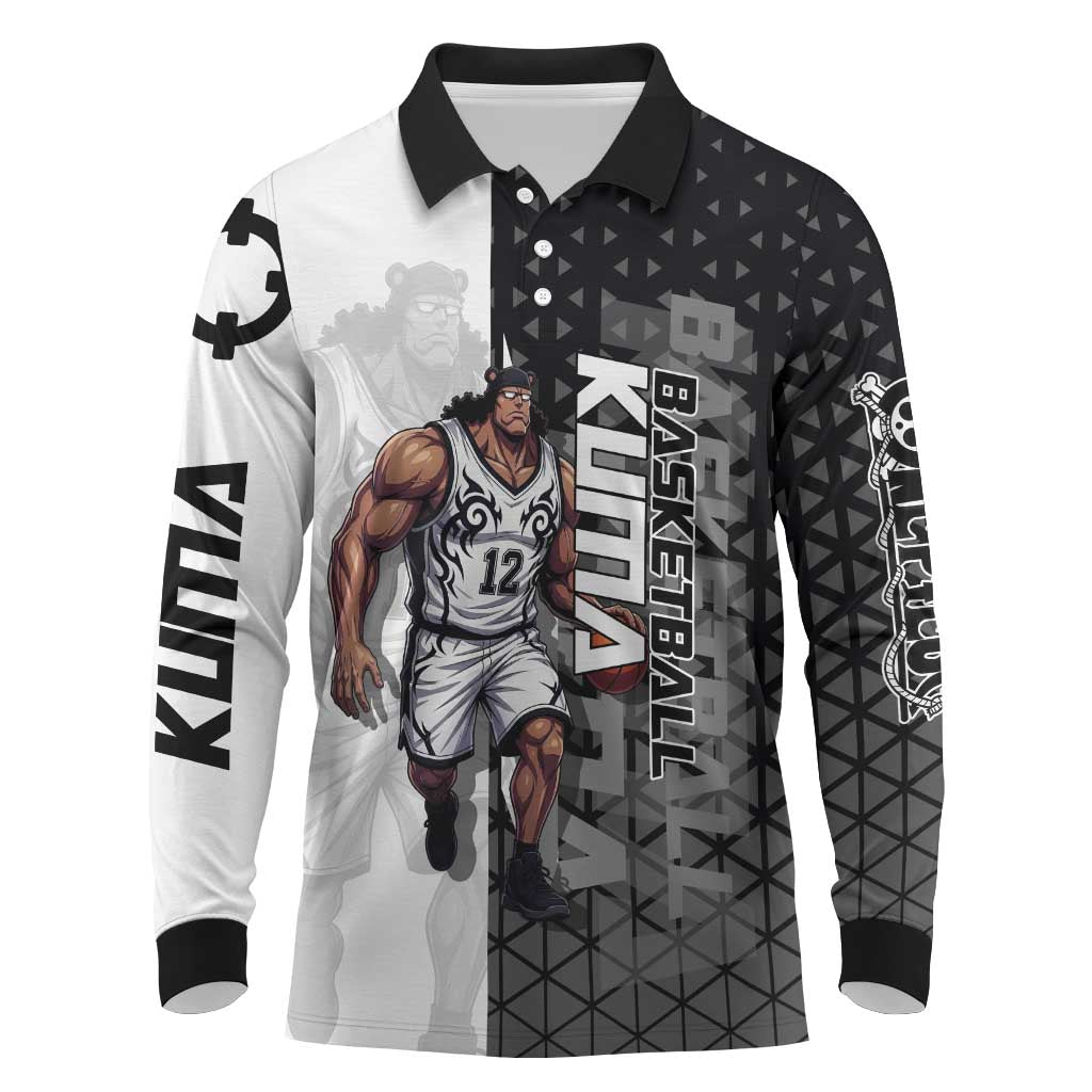Bartholomew Kuma One Piece Basketball Crossover Design Long Sleeve Polo Shirt with Monochrome Geometric Background and Dynamic Pose - The Mazicc