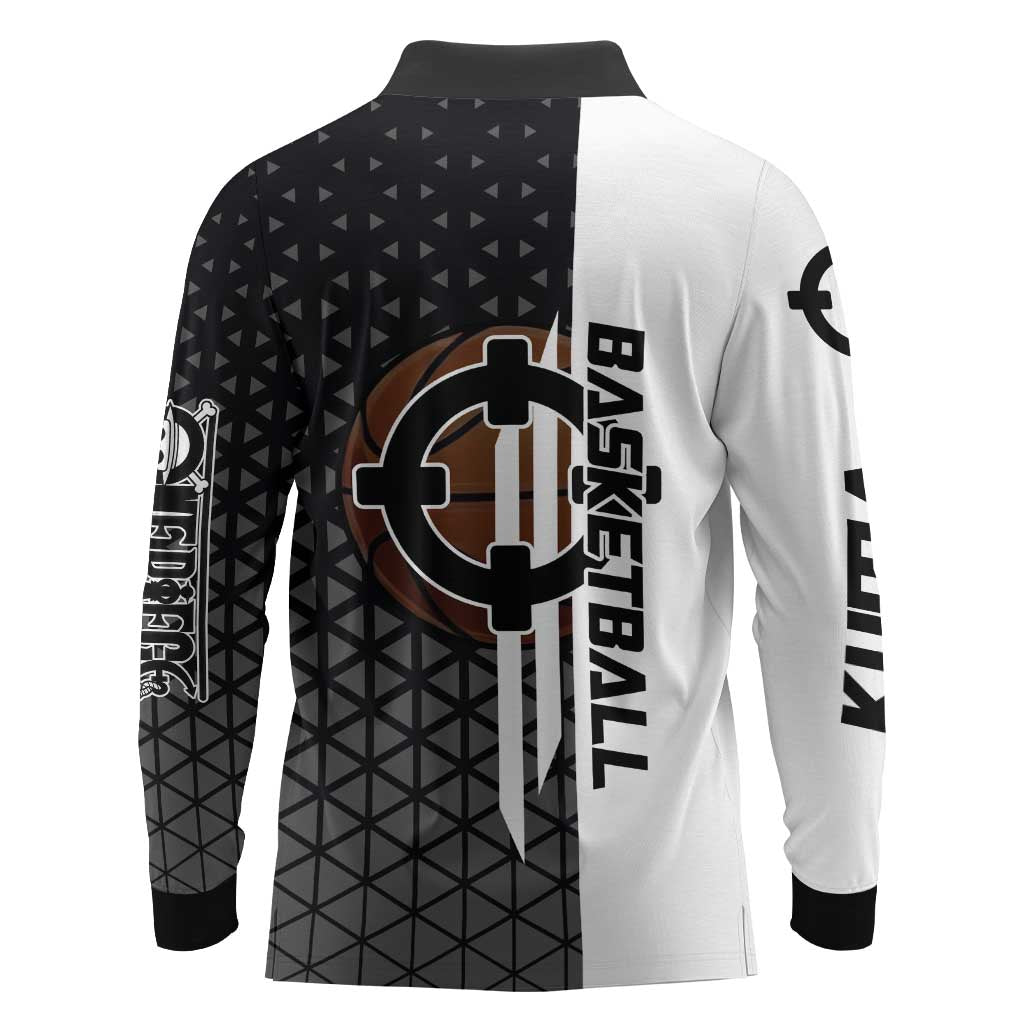 Bartholomew Kuma One Piece Basketball Crossover Design Long Sleeve Polo Shirt with Monochrome Geometric Background and Dynamic Pose - The Mazicc