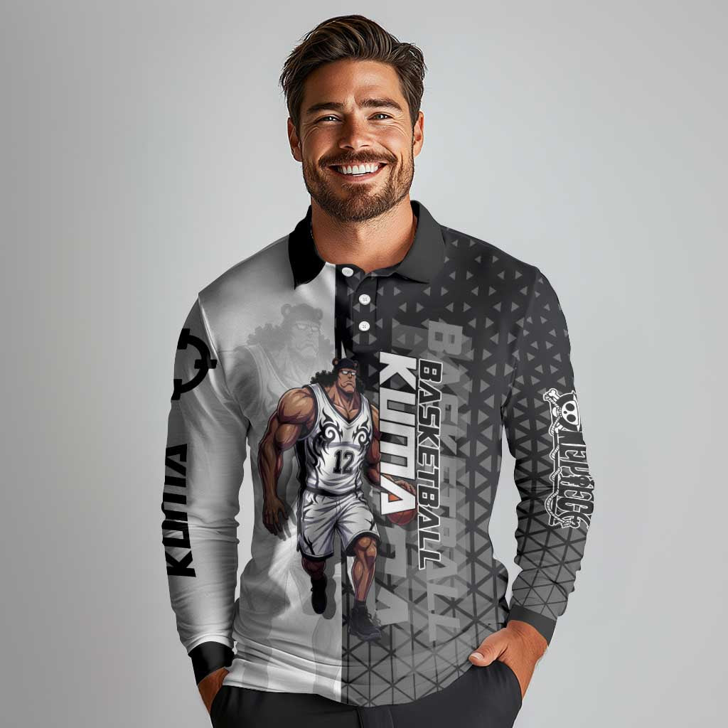 Bartholomew Kuma One Piece Basketball Crossover Design Long Sleeve Polo Shirt with Monochrome Geometric Background and Dynamic Pose - The Mazicc