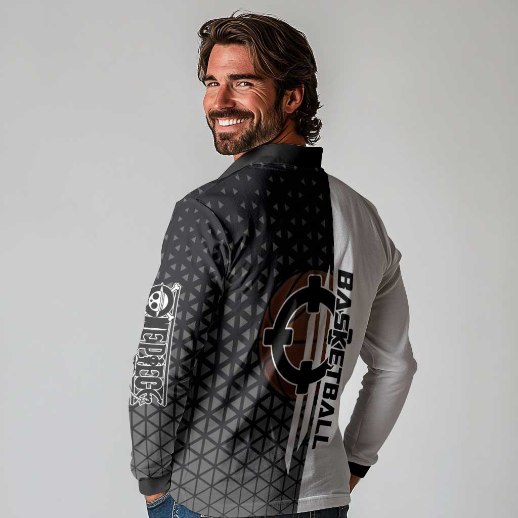 Bartholomew Kuma One Piece Basketball Crossover Design Long Sleeve Polo Shirt with Monochrome Geometric Background and Dynamic Pose - The Mazicc