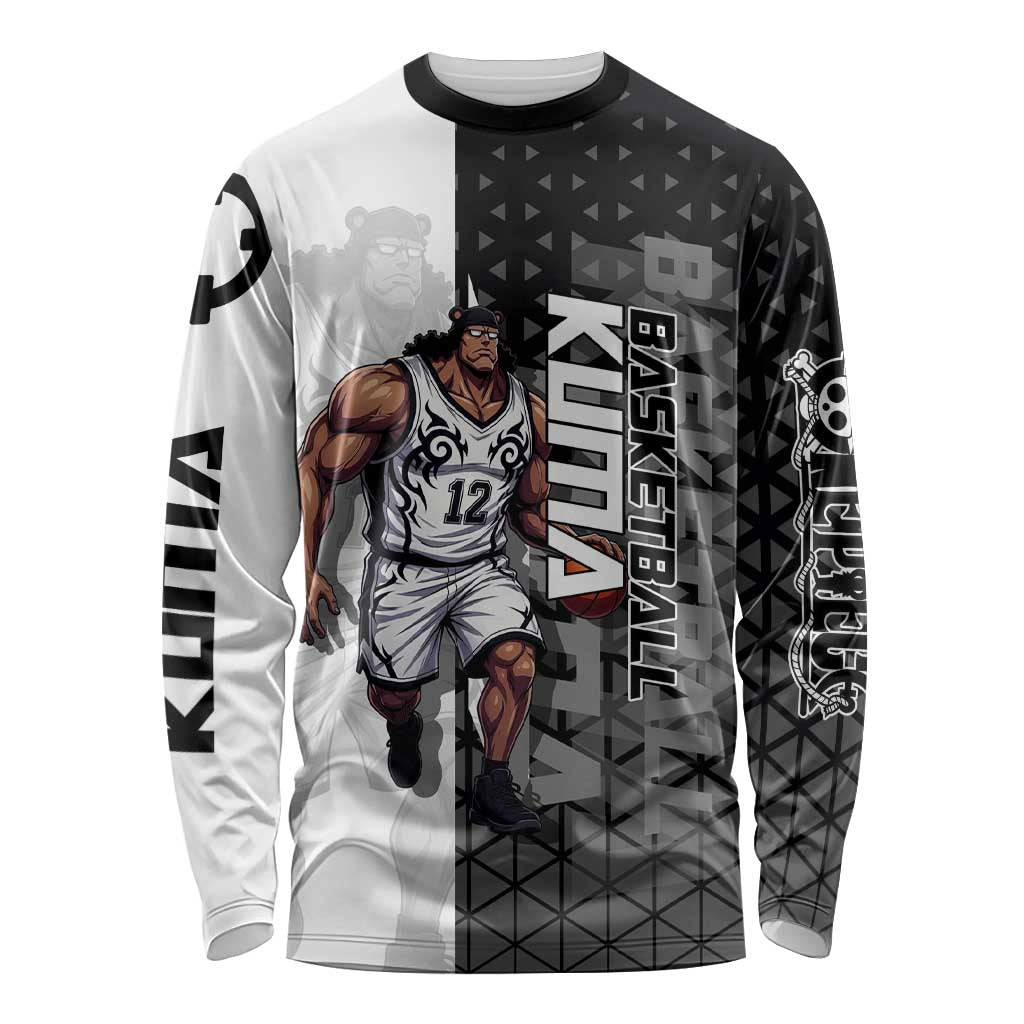 Bartholomew Kuma One Piece Basketball Crossover Design Long Sleeve Shirt with Monochrome Geometric Background and Dynamic Pose - The Mazicc