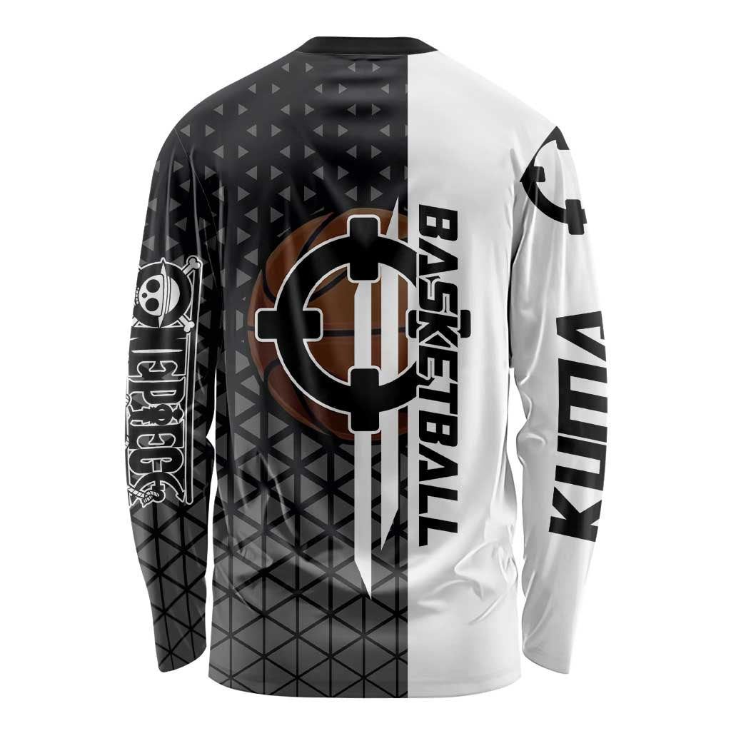 Bartholomew Kuma One Piece Basketball Crossover Design Long Sleeve Shirt with Monochrome Geometric Background and Dynamic Pose - The Mazicc