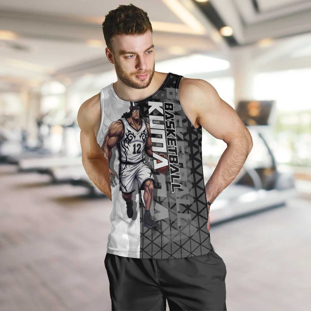 Bartholomew Kuma One Piece Basketball Crossover Design Men Tank Top with Monochrome Geometric Background and Dynamic Pose - The Mazicc