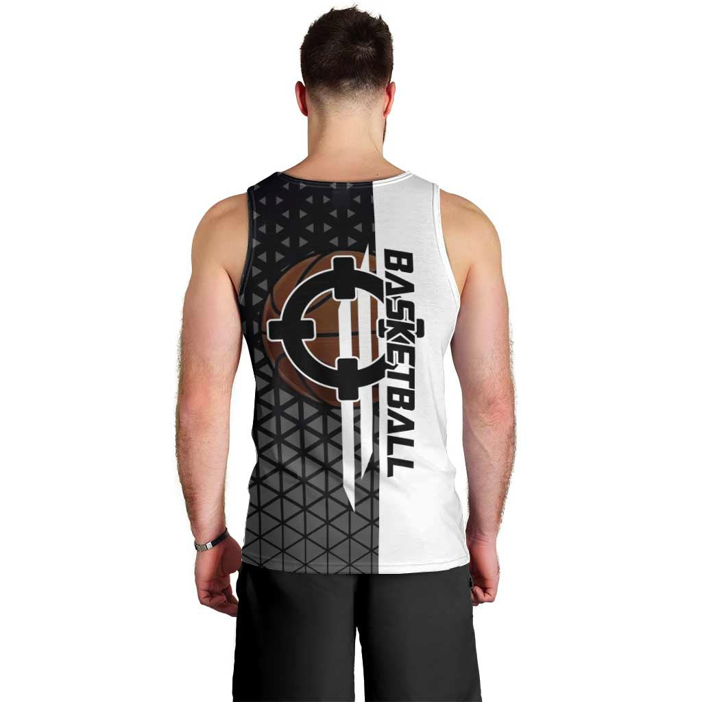 Bartholomew Kuma One Piece Basketball Crossover Design Men Tank Top with Monochrome Geometric Background and Dynamic Pose - The Mazicc