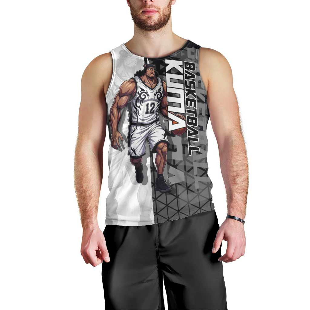 Bartholomew Kuma One Piece Basketball Crossover Design Men Tank Top with Monochrome Geometric Background and Dynamic Pose - The Mazicc