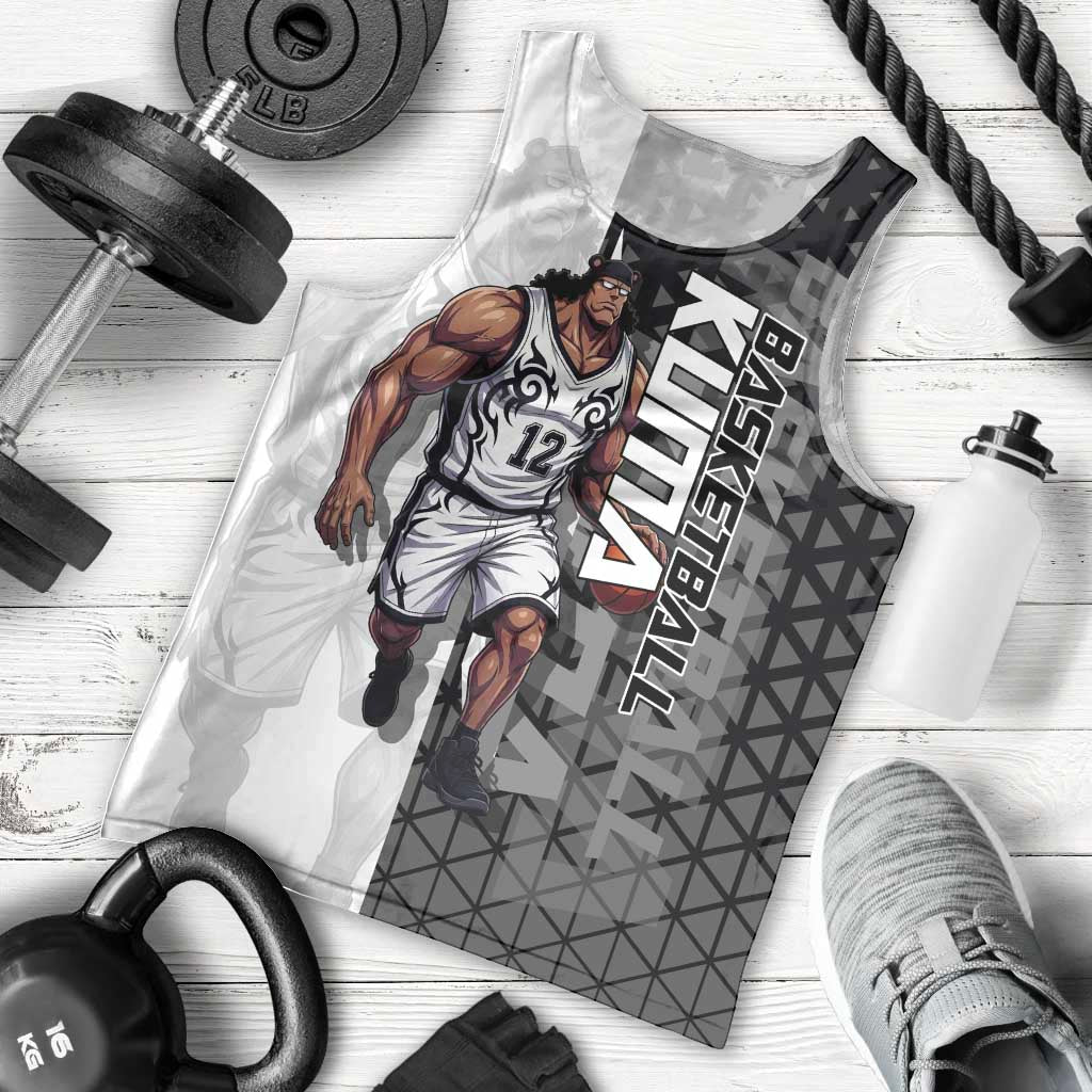 Bartholomew Kuma One Piece Basketball Crossover Design Men Tank Top with Monochrome Geometric Background and Dynamic Pose - The Mazicc
