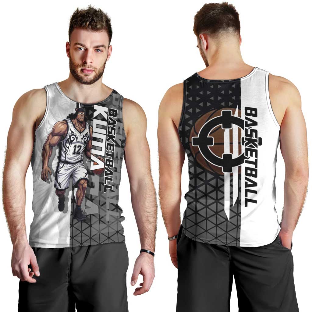Bartholomew Kuma One Piece Basketball Crossover Design Men Tank Top with Monochrome Geometric Background and Dynamic Pose - The Mazicc